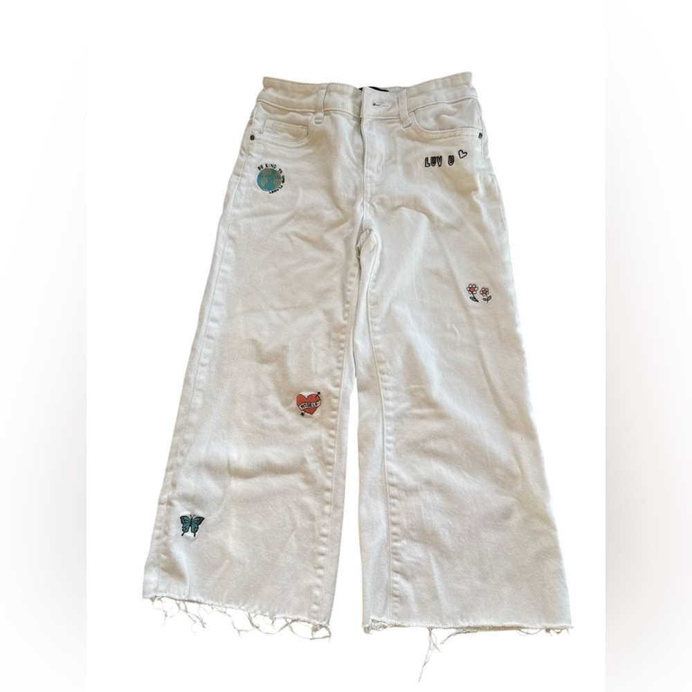 Treasure & Bond Girls Wide Leg Embroidered Jeans White Raw Hem 10